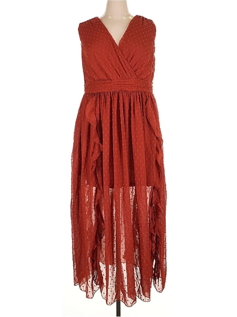 Cider Rust-Red High-Low Ruffle Maxi Dress